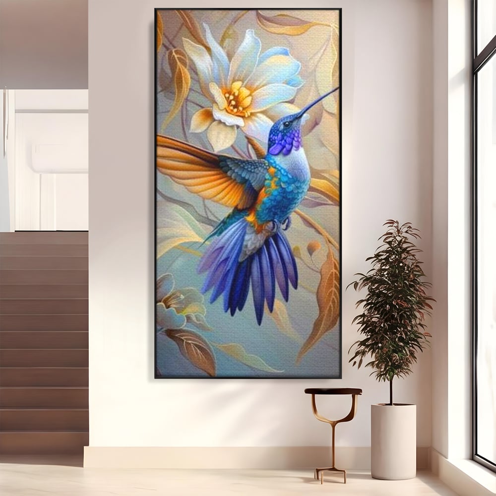 Tablou canvas cu tablou canvas cu pasare colibri in zbor, in rama de aluminiu negru